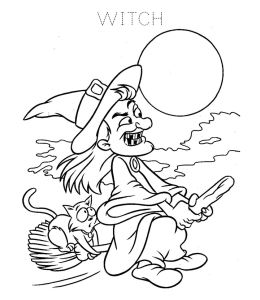 Halloween Coloring Page - Flying Witch & Cat for kids