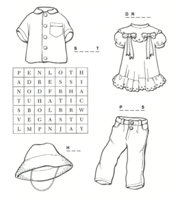 Clothing - Search-a-word and coloring page  for kids