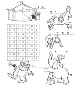 At the Circus - Search-a-word and coloring page  for kids