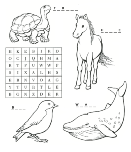 Animals - Search-a-word and coloring page  for kids