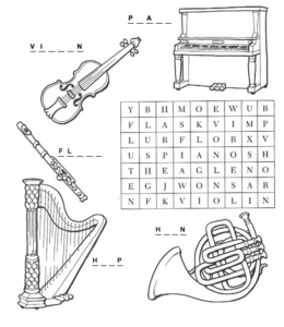 Muscial Instruments - Search-a-word and coloring page  for kids