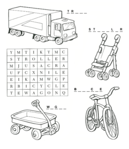Things with Wheels - Search-a-word and coloring page  for kids