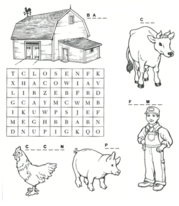 At the Farm - Search-a-word and coloring page  for kids