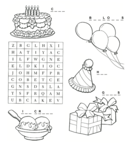 Birthday - Search-a-word and coloring page  for kids